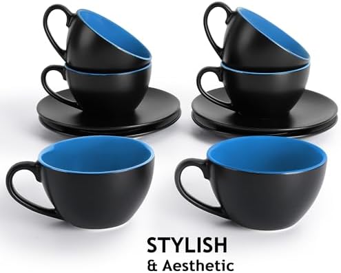 MIAMIO - Set of 6, Ceramic Stackable Cappuccino Cups Set / 6 Ounce Cappuccino Mugs and Saucer with Metal Stand for Coffee Drinks, Cafe, Latte, Americano and Tea - Le Papillon Collection (Blue) - Image 6