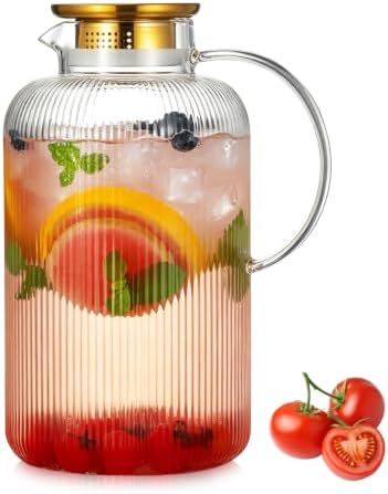Buaic Glass Pitcher with Lid,128 oz Classic Vertical Stripes Water Pitcher by Buaic
