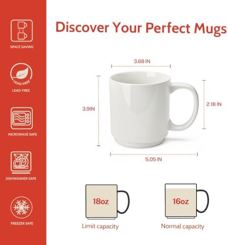 Sweese 16 oz Coffee Mugs Set of 6, Large Porcelain Mugs for Coffee, Latte & Tea, Space-Saving Stackable Design, Microwave & Dishwasher Safe, White - Image 3