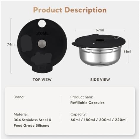 Reusable Pod,Silicone Cap Lid Stainless Steel Refill Coffee Capsule，Compatible With Bosch.,Compatible With Tassimo，with 60/180/ 200 /220ml(Steel 60 180 200 220,With tamper) - Image 5