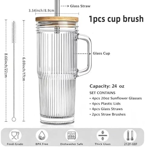 24oz Ribbed Glass Tumbler With Handle,4Pack Glass Cup with Lids and Straws,Reusable Glass Iced Coffee Cups With lids,Mason Jar Cup&Drinking Glasses for Smoothie,Shake,Juice,Soda Water,Tea,Travel - Image 4