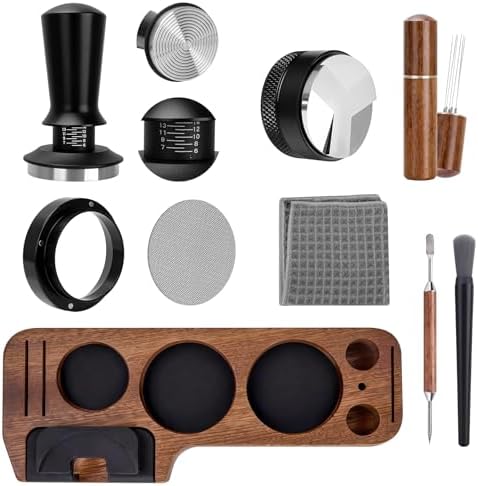 9-in-1 Espresso Tool Set: 58mm Tamper, WDT Tool, Distributor, Magnetic Funnel, Puck Screen, Brush, Cleaning Cloth, Latte Art Needle & Wooden Stand for Breville De'Longhi by CEILUPY
