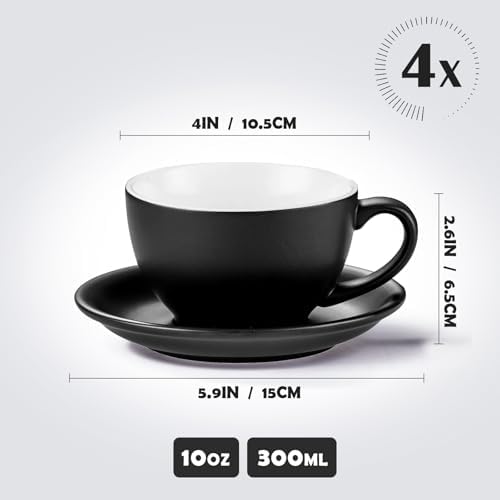 Yundu Matte Black Cappuccino Cups Set of 4-10oz Ceramic Latte Mugs with Saucers, Elegant Espresso Cups for Coffee & Tea - Image 2