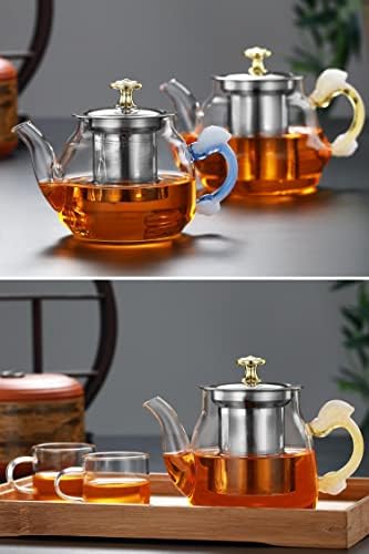 Glass Teapot,600 Ml Glass Teapot with Infuser, Heat Resistant Removable Stainless Steel Infuser,Tea Maker Glass Jug with Lid and Elegant Carved Handle,for Loose Tea,Gift,White - Image 2