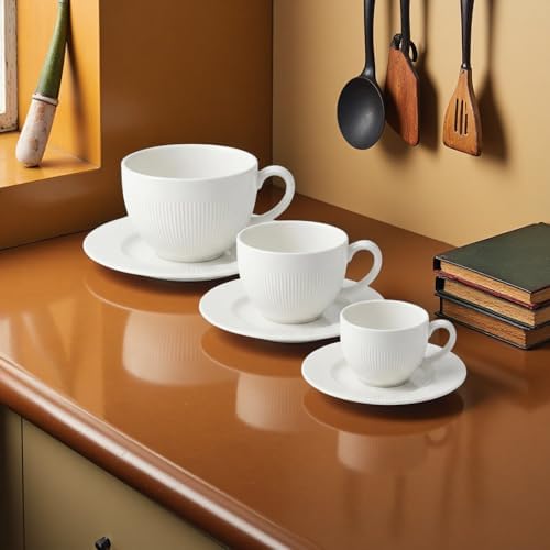 Elegant Ribbed Ceramic Cup and Saucer Set, White, 3 Sizes - Image 3