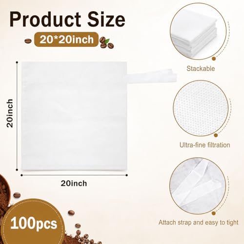 100 Pack Cold Brew Coffee Filter Bags, 20 x 20 Inch Disposable Drawstring Coffee Filters for Large Batch Brewing, Fine Mesh Cold Brew Bags for 5 Gallon Buckets, Coffee Shops, Cafés & Home Brewing - Image 2