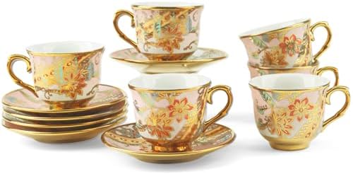 Tea Cups and Saucers Set of 6, Porcelain Vintage Floral Tea Set for Espresso, Coffee, Mocha, Cappuccino, Women Afternoon Tea Party (Orange) by Kytree