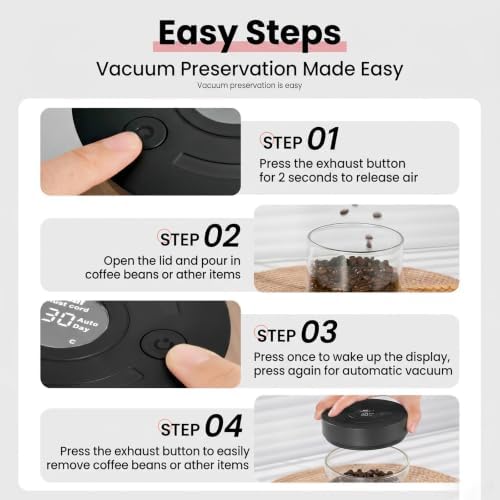 Electric Vacuum Coffee Canister, Airtight Coffee Bean Storage Container With Digital Display, 250g Glass Jar For Freshness Preservation, Coffee Grounds, Tea, Nuts & Food 250g - Image 3