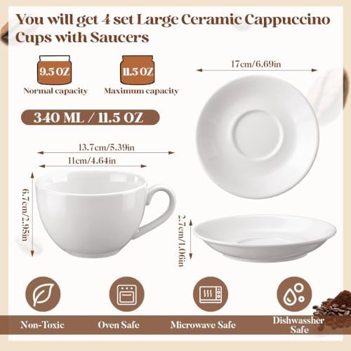 4 Set 12oz Cappuccino Cups with Saucers, Heavyweight Porcelain - Image 2