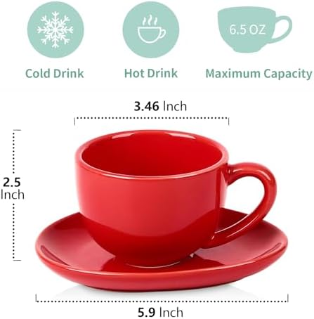 vicrays 6.5 oz Cappuccino Cups with Saucers, Set of 4, Ceramic Coffee Cup for Au Lait, Double shot, Latte, Cafe Mocha, Tea (Red) - Image 4