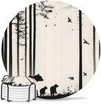 Coasters for Drinks Set of 6 with Holder Abstract Forest Walking Bear Bird Silhouette Natural Scenery Ceramic Cup Mat, Absorbent Ceramic Stone Coasters with Cork Base for Coffee Cups Home Decor 4 Inch by Daleng