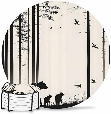 Coasters for Drinks Set of 6 with Holder Abstract Forest Walking Bear Bird Silhouette Natural Scenery Ceramic Cup Mat, Absorbent Ceramic Stone Coasters with Cork Base for Coffee Cups Home Decor 4 Inch by Daleng