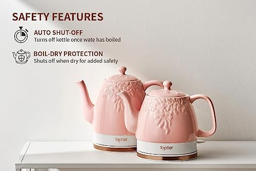 Toptier Electric Ceramic Tea Kettle, Boil Water Quickly and Easily, Detachable Swivel Base & Boil Dry Protection, Carefree Auto Shut Off, 1 L (1 LITER, Light Pink) - Image 2