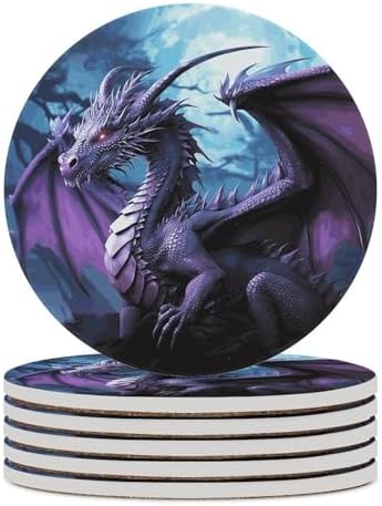 6PCS Purple Dragon Purple Moon Coasters Non-Slip Round Drink Coasters with Ceramic Stone and Cork Base, Heat Resistant Absorbent 33.00Stone Coaster Set for Kinds of Mugs and Cups, 4 Inch by Unknown