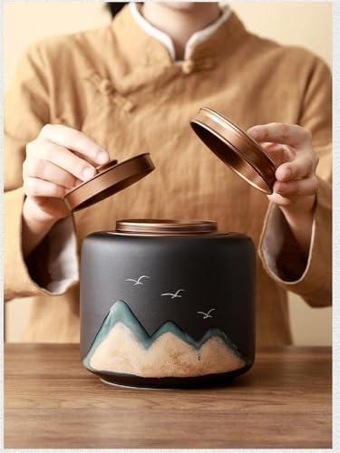 Tea Tins Ceramic Tea Canister with Spiral Suction Double Lid High Grade Sealed Storage Jar Tea Caddy(Black,Large) - Image 6