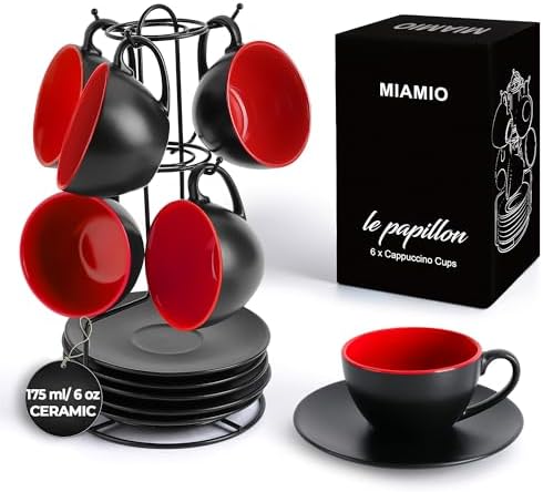MIAMIO - Set of 6, Ceramic Stackable Cappuccino Cups Set / 6 Ounce Cappuccino Mugs and Saucer with Metal Stand for Coffee Drinks, Cafe, Latte, Americano and Tea - Le Papillon Collection (Red) by MIAMIO