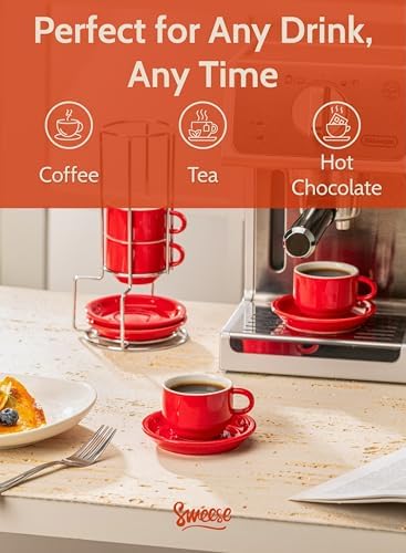 Sweese 2.5 Ounce Porcelain Stackable Espresso Cups with Saucers and Metal Stand Set of 4, Red - Image 4