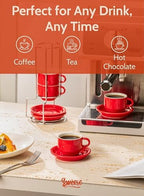 Sweese 2.5 Ounce Porcelain Stackable Espresso Cups with Saucers and Metal Stand Set of 4, Red - Image 4
