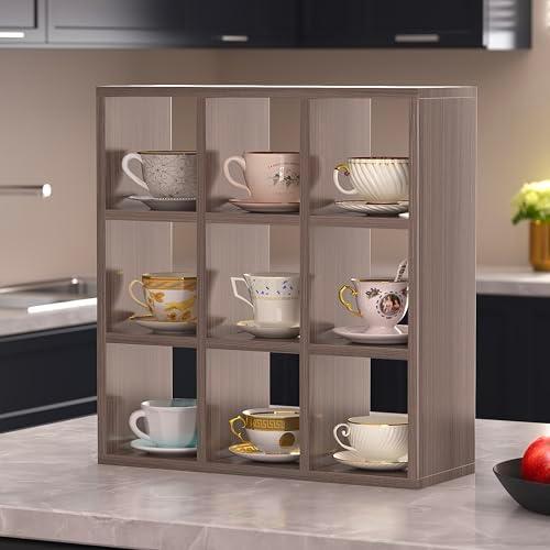 Helsin 9 Grid Vintage Coffee Mug Display Rack, 16inch Wall Mounted Wooden Curio Shadow Box Shelf, Cup Floating Shelves Display and Organizer - Image 5