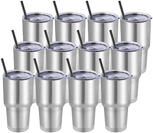 DOMICARE 30 oz Tumbler with Lid and Straw, Stainless Steel Tumblers Bulk, Insulated Vacuum Double Wall Travel Coffee Mug, Durable Powder Coated Tumbler Cups (Stainless Steel, 12) by VisittheDOMICARE