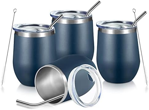 COMOOO Stainless Steel Wine Tumbler 4 Pack with Lid and Straw 12oz Double Wall Vacuum Insulated Wine GlassTumbler Cup for Hot and Cold Drinks, Coffee, Wine, Cocktails, Navy, 4 Pack by COMOOO