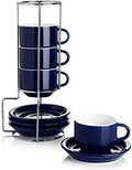 Sweese 2.5 Ounce Porcelain Stackable Espresso Cups with Saucers and Metal Stand Set of 4, Navy by Sweese