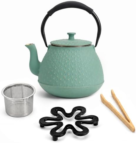 Cast Iron Teapot with Infuser, 42 oz (1250 ml) Large Japanese Tea Pot for Loose Leaf Tea, Enamel Interior, Stovetop Safe, Heat Retaining Design for Family & Friends Sharing, Green by Unknown