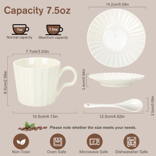 7.5oz Ceramic Cappuccino Cup with Saucer and Spoon Set of 4 - Image 2