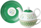 Porcelain 4-Piece Tea For One (Green Geo Floral Birds) - Image 3