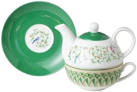 Porcelain 4-Piece Tea For One (Green Geo Floral Birds) - Image 3