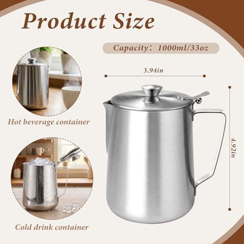2 Pcs 33 Oz/ 1 L Stainless Steel Pitcher with Lid Milk Frothing Jug - Image 2