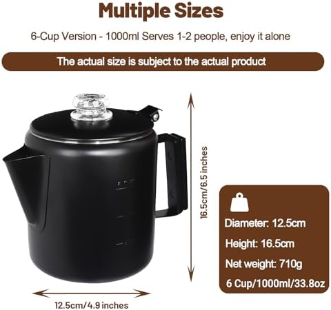 6 Cup Percolator 304 Stainless Steel Coffee Pot Coffee Maker Coffee Machine with Solid Wood Handle Transparent Knob Stovetop Greca Mocha for Induction Home and Camping 1000ml 33.8oz Black - Image 2