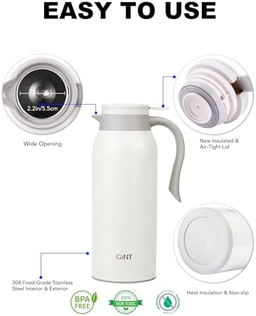 GiNT 51 Oz Stainless Steel Thermal Coffee Carafe, Double Walled Vacuum Insulated Flask, 12 Hour Heat Retention, 1.5 Liter Tea, Water, and Coffee Dispenser (Upgraded version White) - Image 4