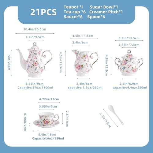 Agyiuns Tea Set 21Pcs ceramic 6 tea cups and saucers, sugar and creamer set,Teapot for Adults,Tea Party (small crushed flower) - Image 2