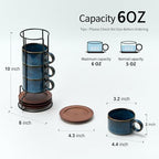LUKA 6 Ounce Porcelain Stackable Espresso Cups with Saucers and Metal Stand Set of 4, Ceramic Cappuccino Cups Set for Specialty Coffee Drinks, Latte, Cafe Mocha and Tea, Reactive Blue - Image 3
