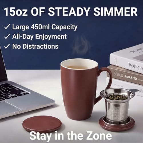 PATIKIL 450 Ml/15 oz Ceramic Tea Infuser Mug with Lid and Stainless Steel Filter | Microwave & Dishwasher Safe Loose Leaf Tea Cup for Office Home Gift, Brownish-red - Image 3