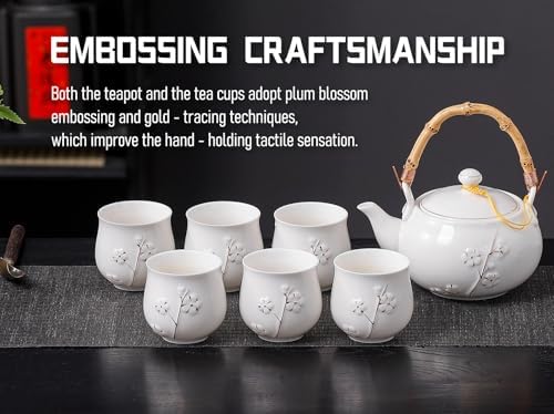 Japanese Tea Set, White Porcelain tea set with 1 Teapot(23 oz/660ml), 6 Tea cups(5.3 oz/150ml), 1 Tea Tray, Golden plum blossom relief, Asian tea sets for adults (Golden plum-White) - Image 2