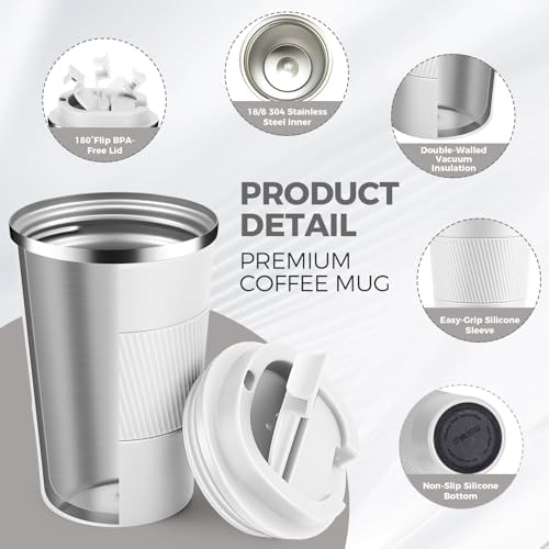 Volhoply 13 oz Stainless Steel Insulated Travel Coffee Mug with Fip Lid Bulk 8 Pack,Reusable Double Wall Vacuum Metal Coffee Cup,Portable Leak Proof Thermal Tumbler for Hot & Cold Drinks(White,8) - Image 3