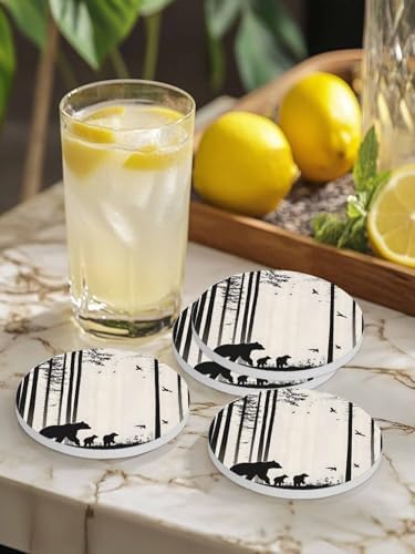 Coasters for Drinks Set of 8 Abstract Forest Walking Bear Bird Silhouette Natural Scenery Ceramic Cup Mat, Absorbent Ceramic Stone Coasters with Cork Base for Coffee Cups Table Home Decor 4 Inch - Image 4