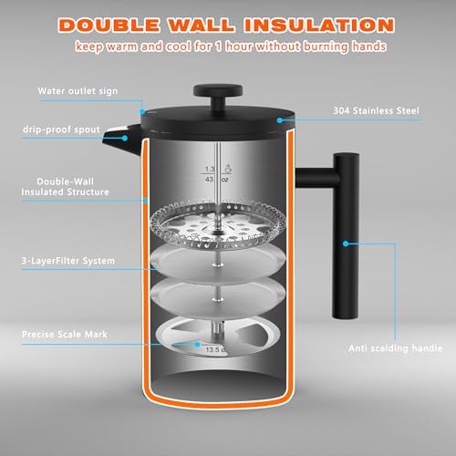 French Press Coffee Maker,Double Wall 304 Stainless Steel - Image 3
