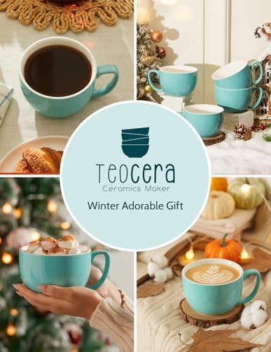 Teocera Turquoise Coffee Mugs Set of 4, 16 oz Ceramic Coffee Mug, Large Mug Set with Handle for Cold or Hot Drinks like Cocoa, Milk, Latte, Fruit Cereal, Long-lasting Porcelain with Modern Design - Image 5