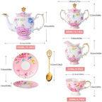 21-Piece Bone China Tea Set for 6, Vintage Floral Bird Porcelain Tea Set, Pink Tea Cups with Teapot, Sugar Bowl, Creamer & Saucers, Gold Trim, Ideal Gift for Women & Tea Lovers - Image 2