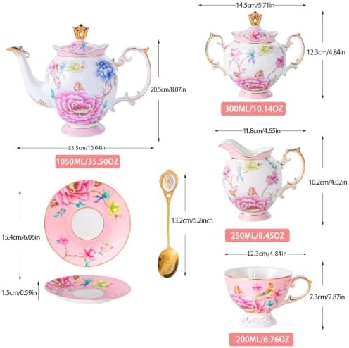 21-Piece Bone China Tea Set for 6, Vintage Floral Bird Porcelain Tea Set, Pink Tea Cups with Teapot, Sugar Bowl, Creamer & Saucers, Gold Trim, Ideal Gift for Women & Tea Lovers - Image 2