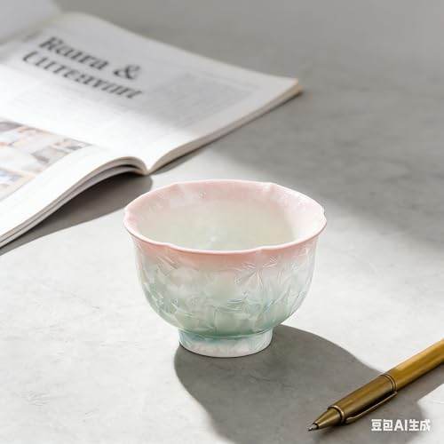 Ceramic Tea/Coffee Cup Set - Retro Crystal Glaze Espresso Cups, 3 oz, Hand-Painted, Suitable for Afternoon Tea or Coffee, Unisex Birthday Gift, Pink and Green Gradient(Gradient Aroma Cup) - Image 5