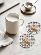 Coaster for Drinks 4 Pack,Happy Easter Watercolor Floral Bunny Absorbent Round Ceramic Stone with Cork Base,Spring Leaves on Black Plaid Drink Coaster Cup Mats for Home Dining Coffee Tables - Image 2