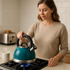 3.0 QT Stainless Steel Whistling Tea Kettle – Quick Boil Encapsulated Base, Cool-Touch Handle, Loud Whistle, Stovetop Safe – Aqua Blue - Image 2
