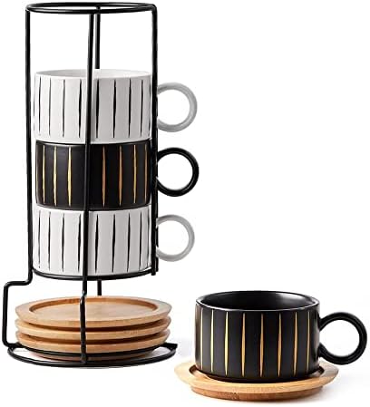 LUKA Porcelain Espresso Cup with Saucer and Metal Stand, 6 Ounce Stackable Ceramic Demitasse Espresso Mugs Cappuccino Cups Set for Latte,Coffee,Cafe Mocha,Tea(Set of 4) by LUKA