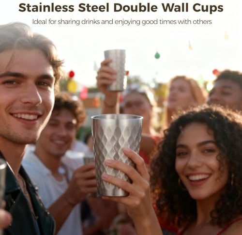 OMISTAR 4 Pcs Stainless Steel Double Wall Cups 15 oz, Korean Hammered Insulated Metal Cup, Unbreakable Stackable Water Tumblers for Beer, Beverage, Parties, Silver - Image 4