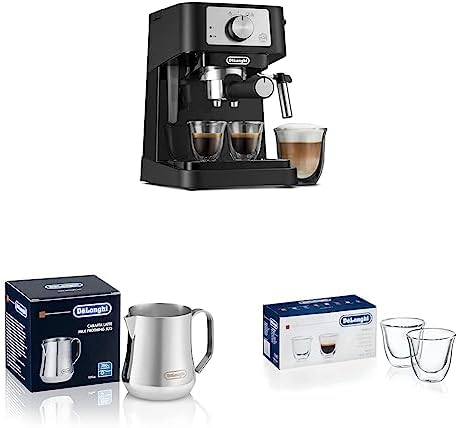 De'Longhi Stilosa Manual Espresso Machine, 13.5 x 8.07 x 11.22 inches & Stainless Steel Milk Frothing Pitcher, 12 ounce (350 ml), 12 oz & Double Walled Thermo Espresso Glasses, Set of 2 by DeLonghi