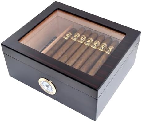 Premium Cigar Humidor - Holds 25-50 Cigars, Spanish Cedar Wood with Ebony Black Finish, Shatter-Resistant Glass Top, Built-In Hygrometer, Humidifier & Divider Included - 10.25" x 8.75" x 4.5" - Image 3